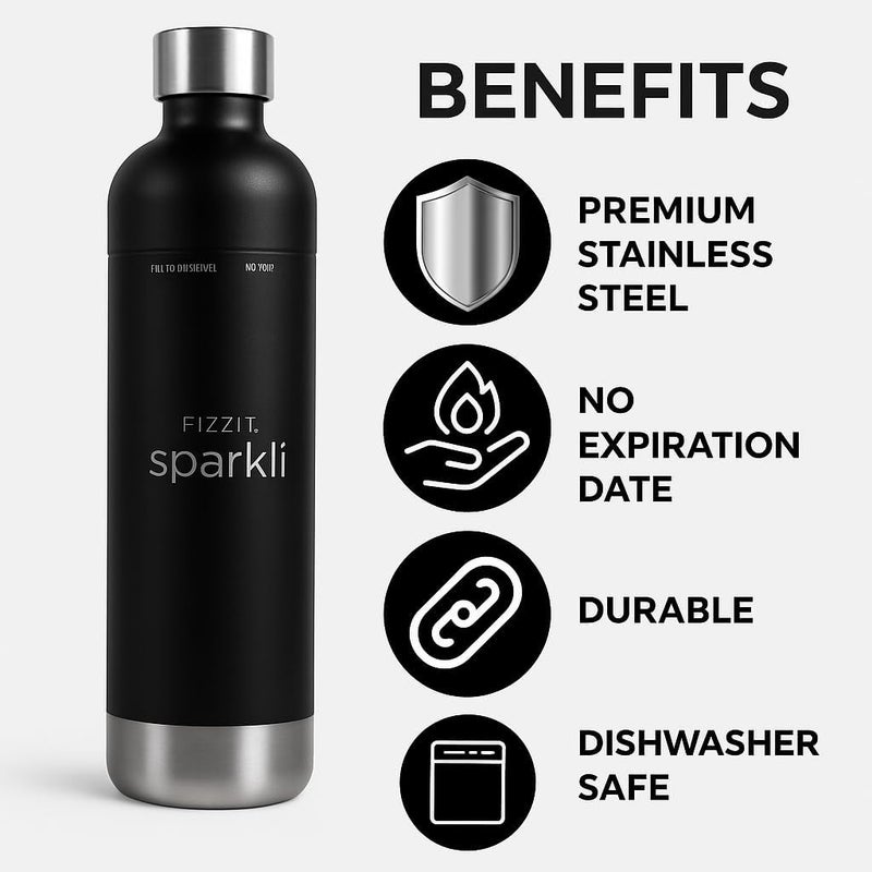 Fizz It FIZZIT Black Stainless Steel Carbonation Bottle | Compatible with Some Soda Makers | Reusable Sparkling Water Bottle, Dishwasher Safe, BPA-Free (SSB-B) - Image 4